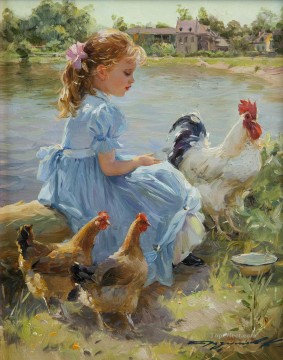 Pets and Children Painting - young girl with rooster and two hens pet kids
